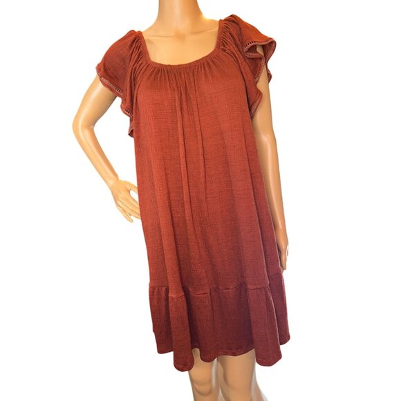 Womens Off-Shoulder Tiered Mini Dress Size S Rust Cottagecore Prairie - Picture 2 of 10
